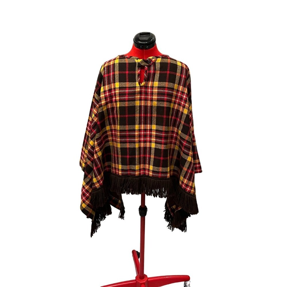 Vintage 70s Bobbie Brooks Wool Plaid Tartan Fringe Poncho One Size